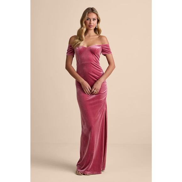 NWT Lulus Glorious Celebration Pink Velvet Off-the-Shoulder Maxi Dress Gala Sz L - Picture 1 of 8